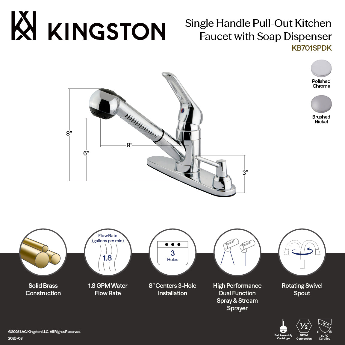 Kingston KB701SPDK Single-Handle 3-Hole Deck Mount Pull-Out Sprayer Kitchen Faucet with Soap Dispenser, Polished Chrome — thumbnail 2